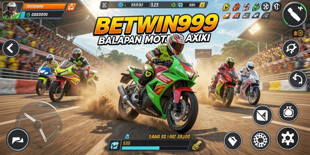 Gameplay seru BETWIN999 saat balapan motor di lintasan.