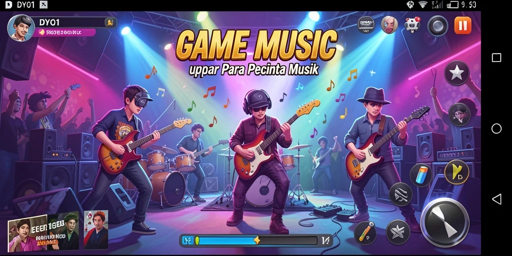 Screenshot DYO1 menampilkan gameplay menarik dengan musik yang dinamis.