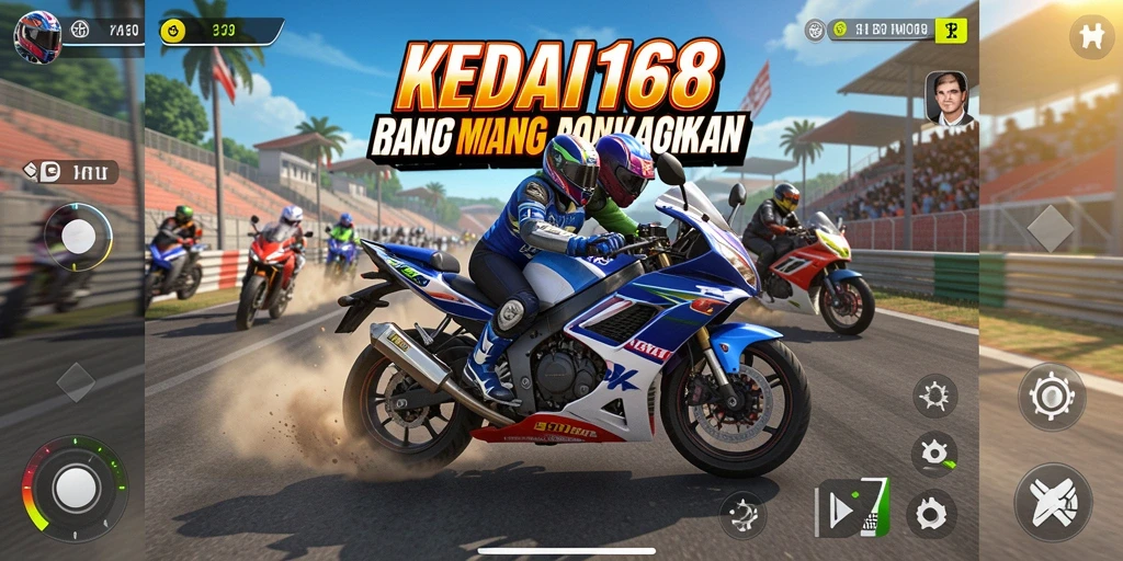 Screenshot KEDAI168 menunjukkan aksi balapan seru motor di trek.