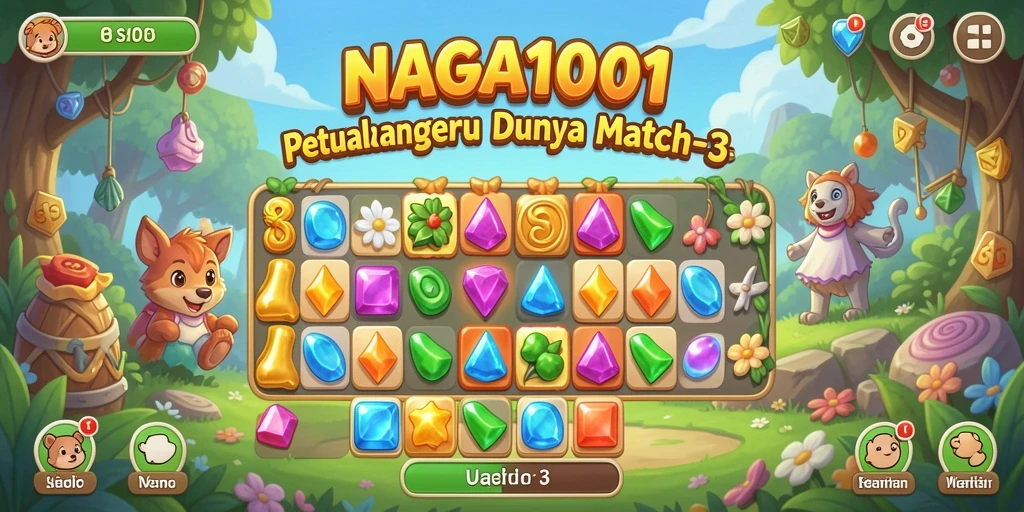 Tangkapan layar gameplay NAGA1001 yang menunjukkan elemen Match-3 yang cerah.