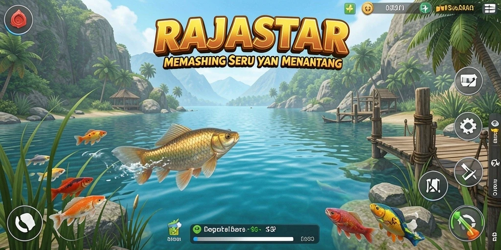 Tampilan gameplay seru dalam RAJASTAR dengan suasana memancing yang menawan.