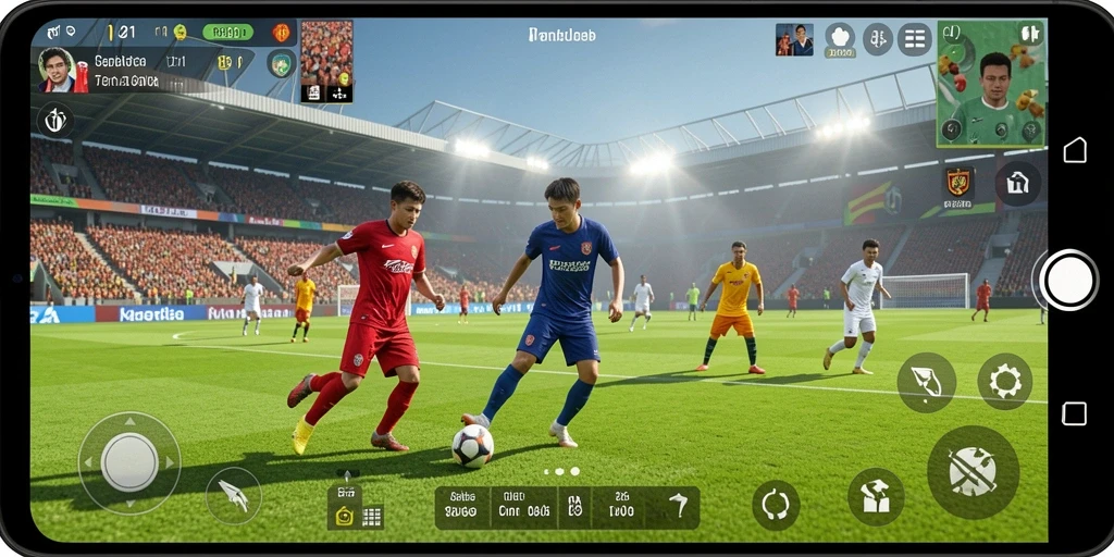 Screenshot gameplay V21 menampilkan aksi seru di lapangan sepak bola.